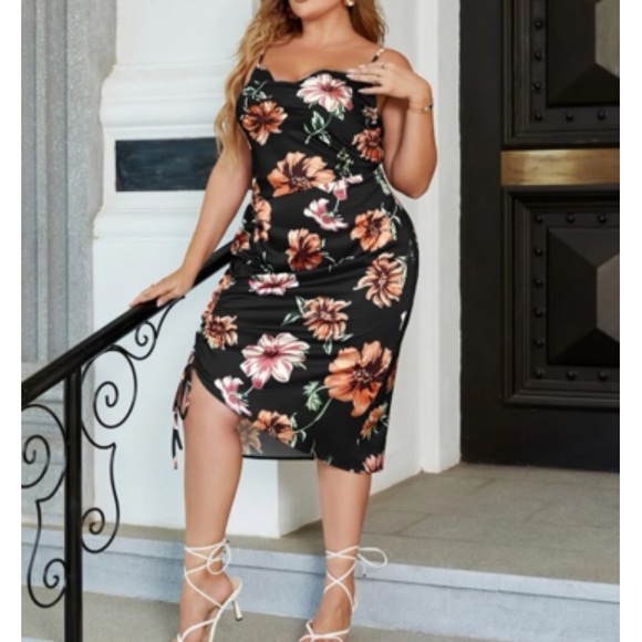 Plus size luxe floral print drawstring side cami dress - Picture 4 of 15
